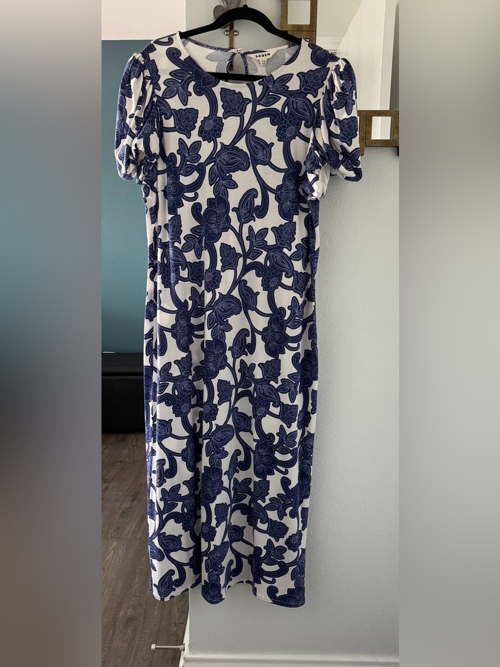 Boden White Maxi Dress with Navy Floral Print